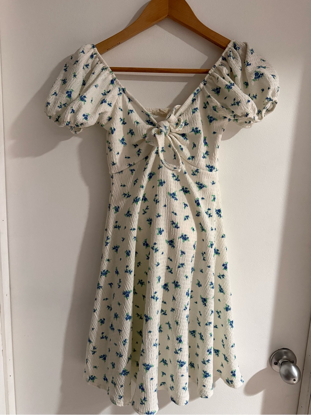 Cream Floral Tie-Front Dress with Blue and Green Floral Print